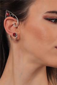 Women's Antique Silver Plated Studded Model Red Crystal Cut Stone Ear