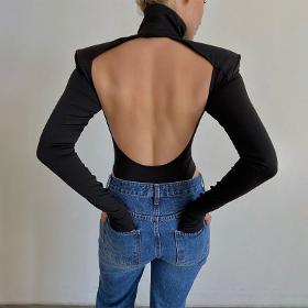 S-L Women Sexy Solid Color Backless Long Sleeve Bodysuit