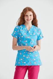 Blue Medical Blouse with Print, For Women - Teethblue Model