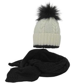 Set in braids, hat with pompom, scarf ecru