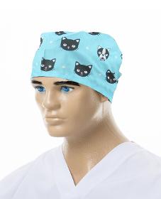Unisex Turquoise Medical Cap, Black Cat Print