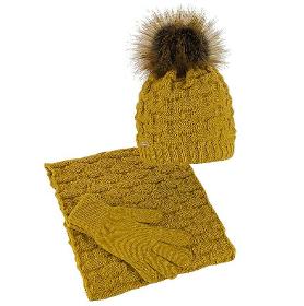 Hat infinity scarf winter gloves for women mustard with a pompom