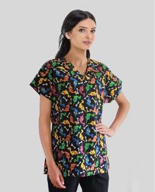 Black Medical Blouse with Print, For Women - Dino Model