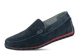 White male moccasin type shoes in blue chamois leather