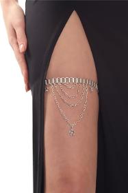Women's Antique Silver Plated Elastic Leg Chain with Flower Charm Detail