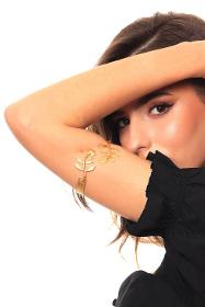 Women's Gold Color Plated Open Band Adjustable Olive Leaf Form Bracelet