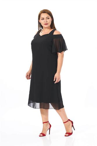 Plus Size Black Color Shoulder Detailed Chiffon Dress