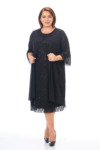 Plus Size Black Colored Lace Chiffon Dress With Jacket
