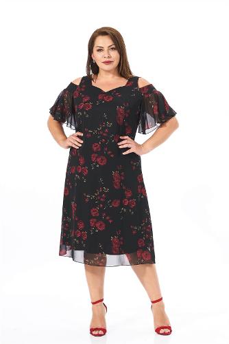 Plus Size Red Colored Rose Patterned Chiffon Dress
