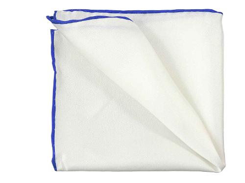 White silk hand-rolled pocket square 30x30cm, royal blue
