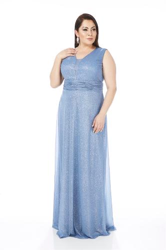 Plus Size Sleeveless Light Blue Colored Glittery Tulle Long Evening Dress