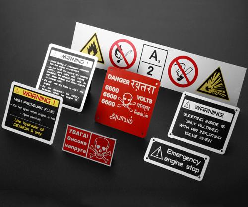 Anodized aluminum warning labels
