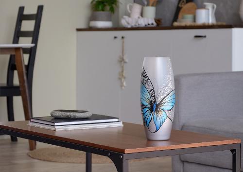 Handpainted Glass Vase for Flowers | Blue Butterfly Painted Art Glass Oval Vase