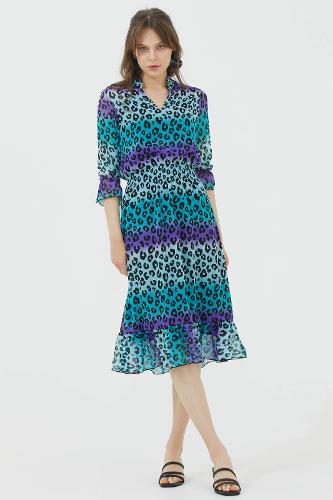 Colorful leopard waist pleated dress - green - purple