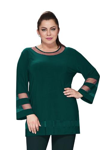 Large Size Dark Green Colored Lycra Tulle Detailed Tunic