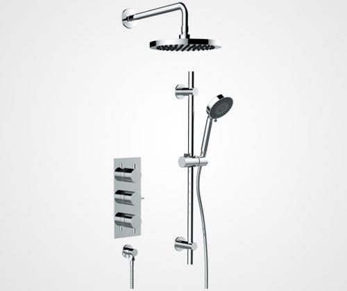 Three handle inline shower valve