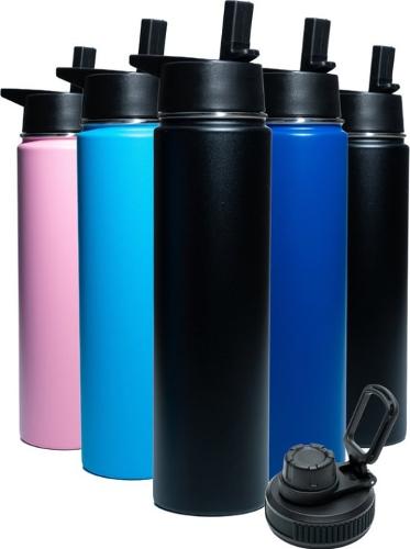 Water Bottle - RVS - Black - Cap with straw & normal cap 