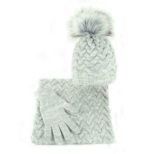 Women's winter set, hat with braids, infinity scarf gloves, gray