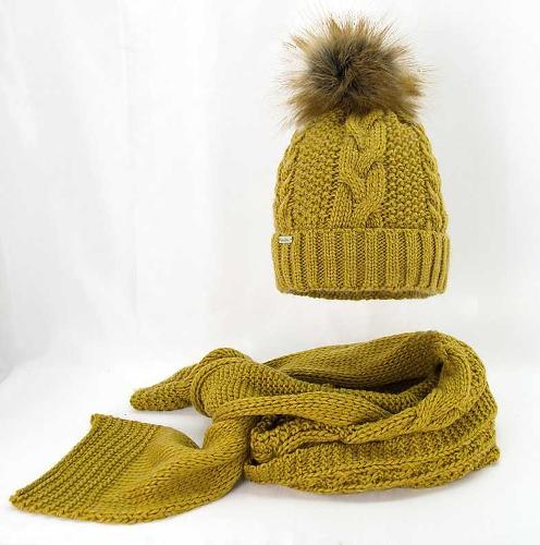 Set in braids, hat with pompom, scarf mustard