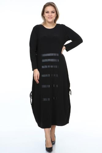 Large Size Black Color Lycra Leather Striped Loose Dress