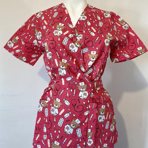 Medical kimono blouse, red with print, women - Medical uniform model - Teddy