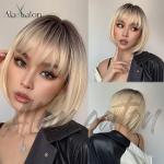 Short Straight Brown Blonde Slanted Bangs Synthetic Wig