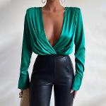 Spring Women Elegant V Neck Stain Fashion Casual Solid Color Long Sleeve
