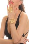 Women's Matte Gold Plated Adjustable Open Wide Band Rose Bracelet & Ring Set