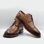 Genuine Leather Brown Laced Embroidered Men's Shoes with Aged Detail