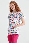White Medical Blouse with Print, For Women - Big Kitty Model