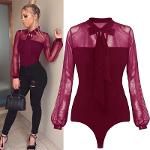 S-XL Sexy Mesh Patchwork Long Sleeve Lace-Up Bodysuits