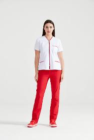 Women's Medical Gown Blouse Type with Zipper, White - Red Stripe Model