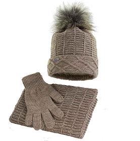 Set for girls winter hat, infinity scarf and gloves, beige