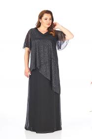 Plus Size Black Colored Silver Glittery Asymmetrical Chiffon Dress