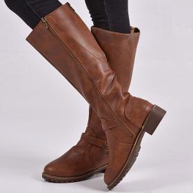 PU Retro Style Low Heel Mid Calf Boots Shoes