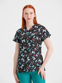 Elastane Medical Blouse, Black with Print, Women - Turquoise Butterfly Model