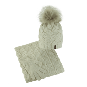 Women's winter set, hat with braids, infinity scarf gloves, ecru