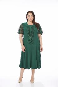 Large Size Green Colored Lace Detailed Lycra Dress