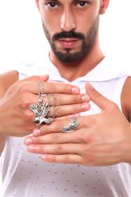 Men's Antique Silver Plated Adjustable Winged Eagle Ring & Necklace Set