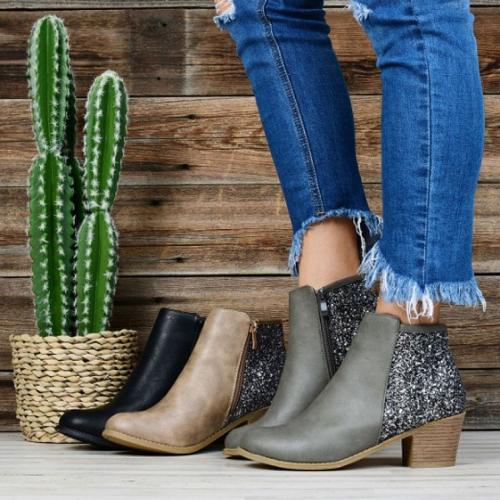 Fashion PU Upper Sequins Decor Chunky Heel Ankle Boots Shoes