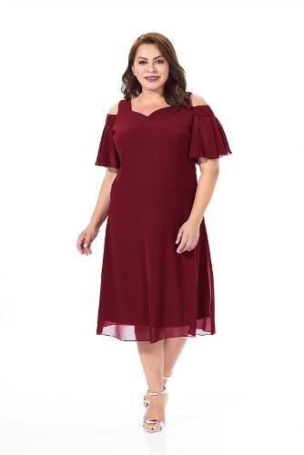 Large Size Claret Red Shoulder Detailed Chiffon Dress